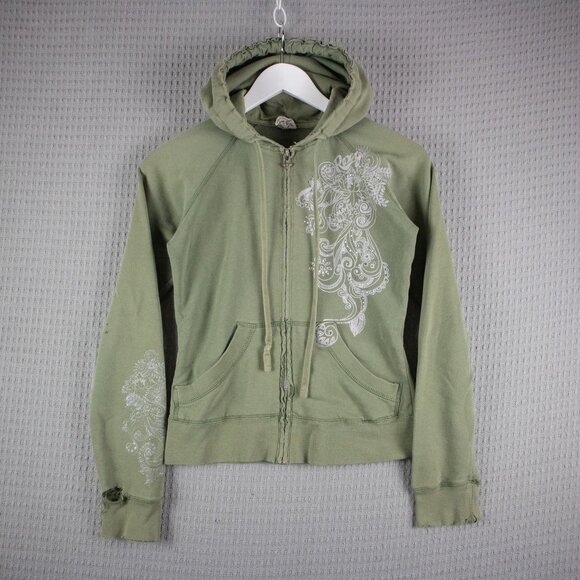 Roxy Distressed Grunge Zip Up Hoodie Olive Womens Medium - Picture 1 of 8
